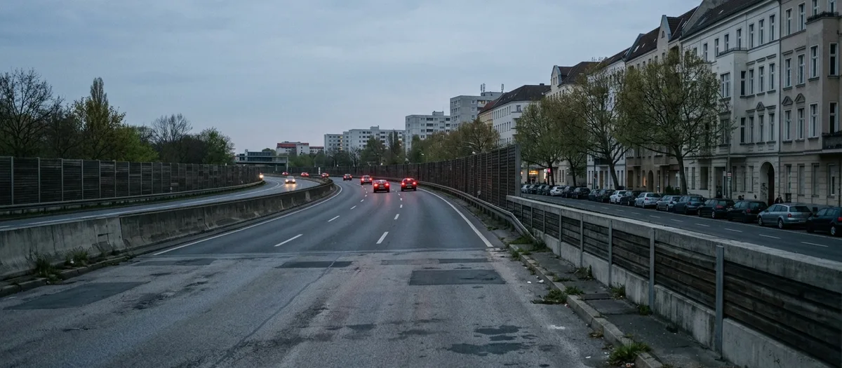 Stadtautobahn in der Abenddämmerung, links begleitet eine Häuserzeile die Fahrbahn, in der Ferne Rücklichter