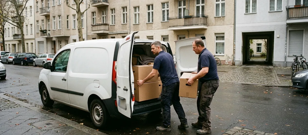 Gepolsterte Möbelstücke und beschriftete Kartons im Laderaum