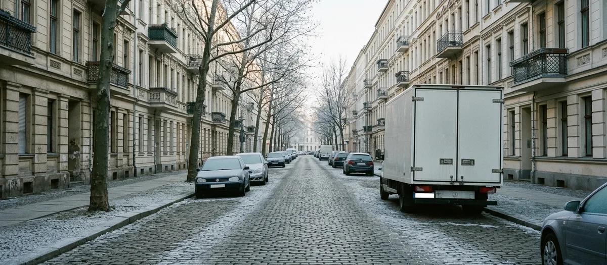 Leere Berliner Wohnstraße an einem frostigen Wintermorgen, am Fahrbahnrand ein weißer Möbelkoffer