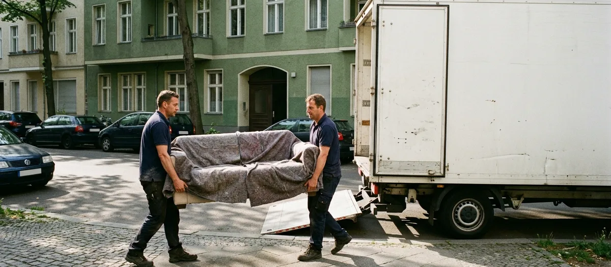 Zwei Träger tragen einen verpackten Schrank durch ein Treppenhaus